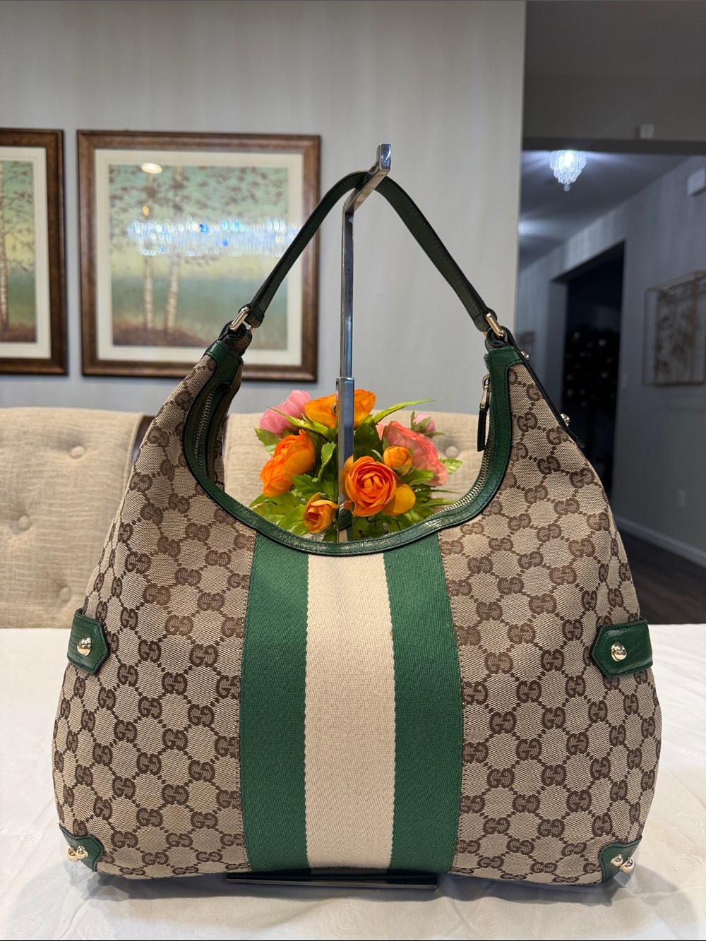 Authentic Gucci Beige Monogram Hobo with Green and Cream Stripes - Picture 3 of 11